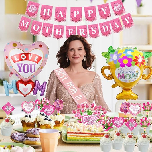 CHUMIRRY Mother's Day, Mom Party Birthday Decorations, Mother’s Day Party Decoration Set | Includes Foil Balloons, Banner, Cupcake Toppers, Sash, & Greeting Card | Perfect for Celebrating Mom