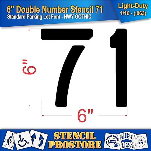 Pavement, Curb, and WheelStop Stencils - 6 inch Double Number Stencil - (71) - 6" x 6" x 1/16" (63 mil) - Light-Duty