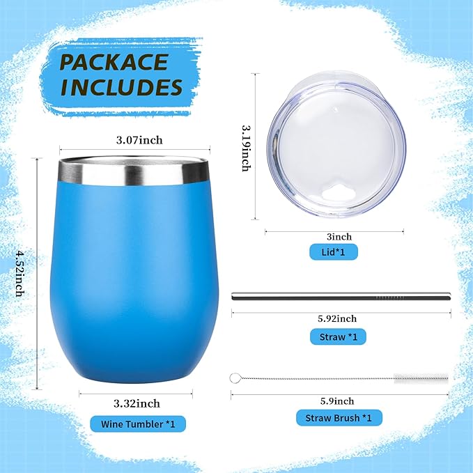 12oz Stemless Wine Tumbler with Lid Double Wall Insulated Wine Cup Stainless Steel Glasses Tumbler with Straw Insulated cocktail Tumbler Coffee Mug for Hot and Cold Beverages (Multicolor-8,4Pack)