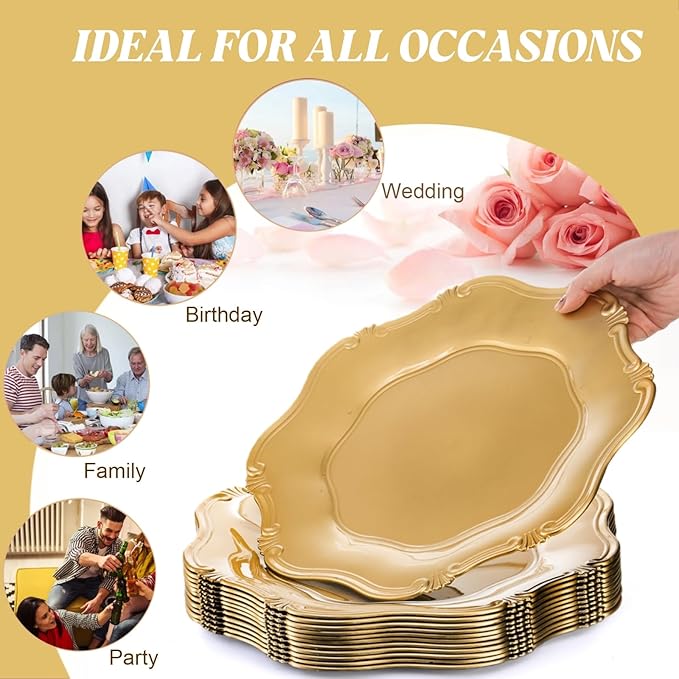ZOOFOX Set of 12 Antique Gold Charger Plates, 13" Round Embossed Chargers for Dinner Plates, Decorative Plate Chargers with Engraved Baroque Rim for Thanksgiving, Christmas, Wedding Party Supplies