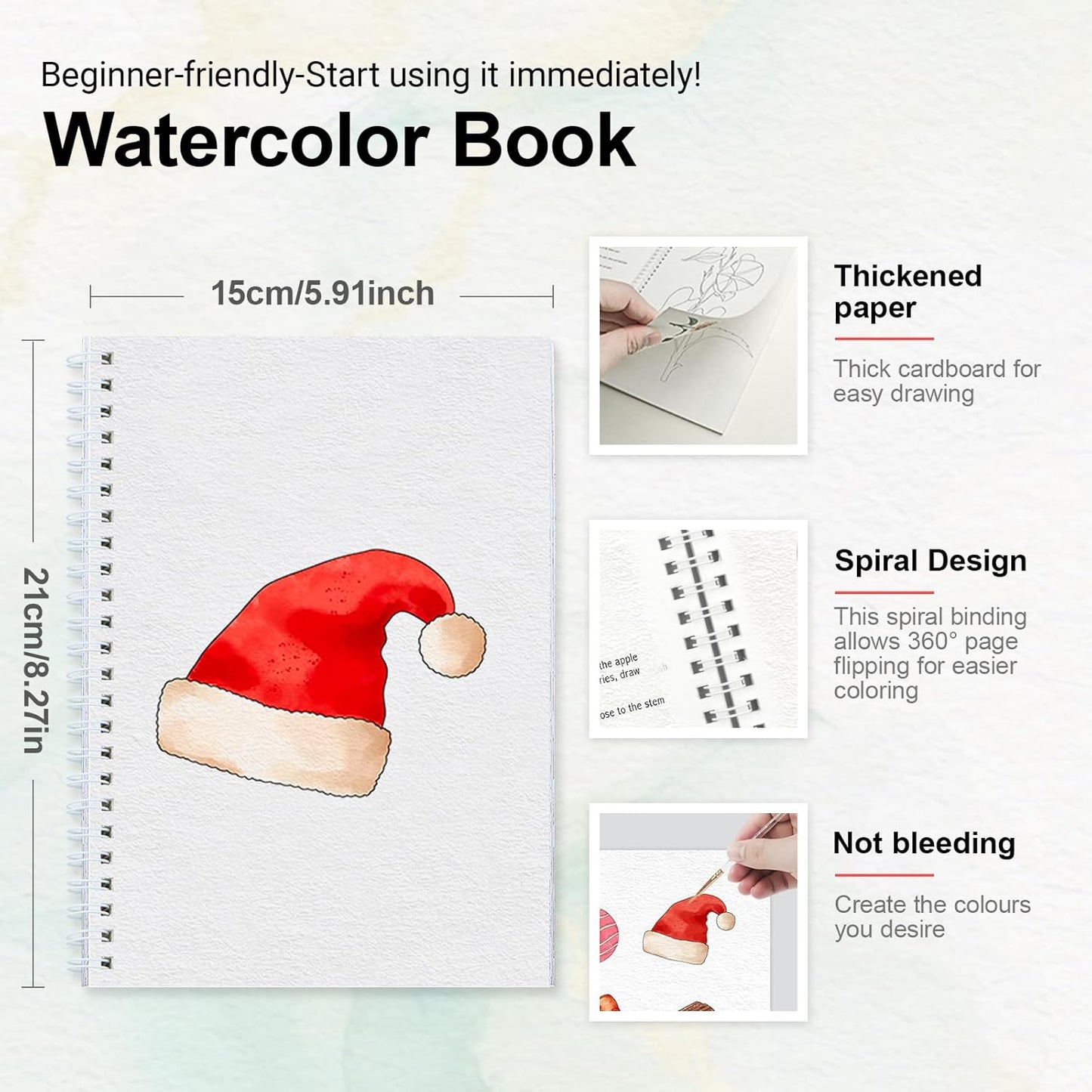 Watercolor Workbooks with Step by Step for Adults Teens - Beginner Watercolor Workbook with 12 Coloring Book Pages -100% Cotton 300gsm/140lb Watercolor Paper(Christmas)