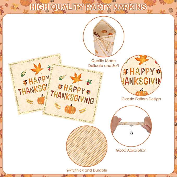 102 Pcs Thanksgiving Party Supplies Sets - Includes Happy Thanksgiving Dinner Paper Plates Napkins, Give Thanks Banner Dessert Plates Cups Tablecloth for Fall Thanks Giving Party Decorations, Serve 25