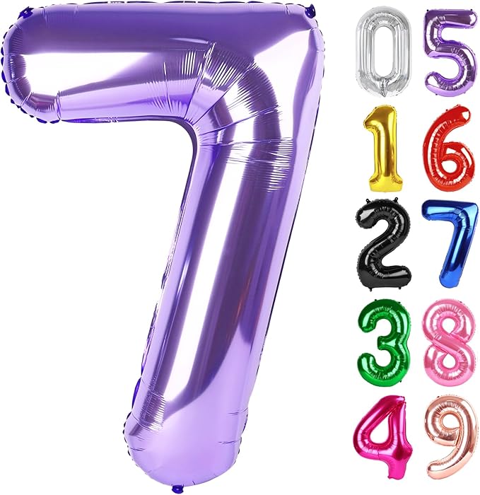 Purple Number 7 Balloon 40 Inch, 7th Birthday Party Decorations for Children, Giant 7 Foil Balloon for Party Supplies