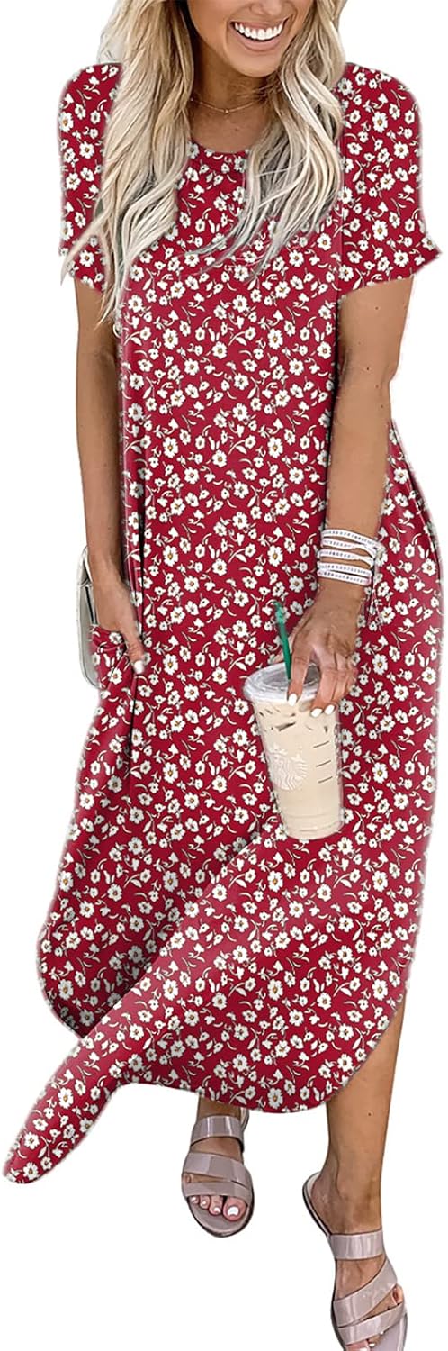 ANRABESS Womens Summer Maxi Dress Short Sleeve Casual Loose Long T Shirt Dresses Split Vacation Beach Sundress Travel Outfits