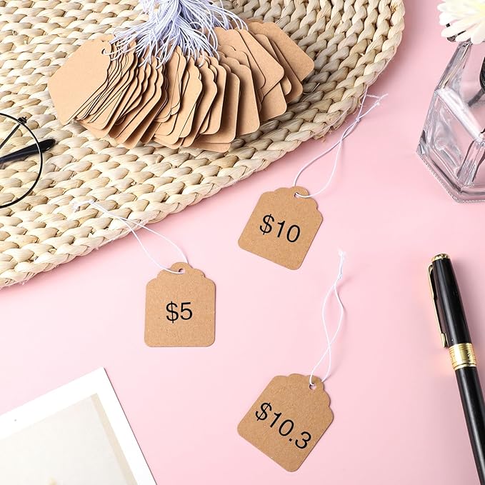 200 Pcs Small Price Tags, Paper Tags with Elastic String, Writable Blank Kraft Gift Tag for Clothes Jewelry Valentine's Day Gifts (1.38×1.8Inch, Brown)