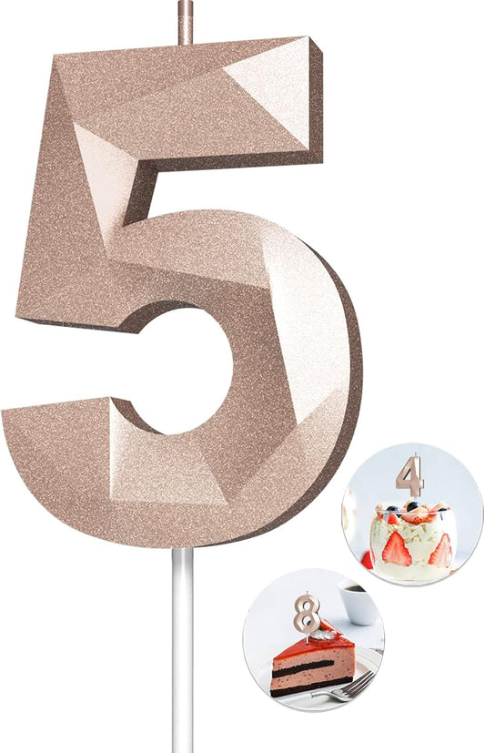Number Birthday Candles(5 Candle Rose Gold) 3D Diamond Shape Number Happy Birthday Cake Candles for Birthday Party Wedding Decoration Reunions Theme Party