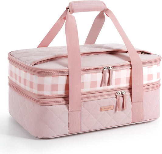 TOURIT Casserole Carrier Chic Double Decker Insulated Casserole Carriers for Hot or Cold Food Lasagna Lugger Tote for Picnic Cookouts Potluck Fits 9''x 13'' Baking Dish
