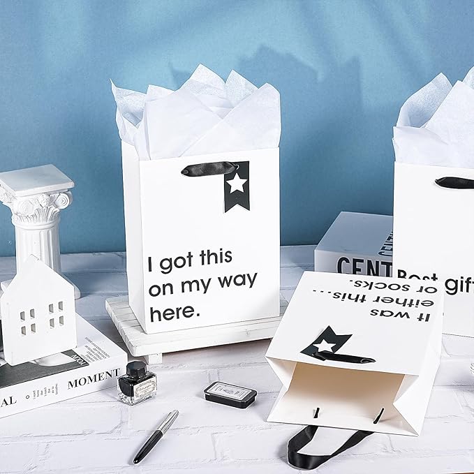 Loveinside Christmas Medium Size Gift Bags Set, Funny Quirky Design with Bold Black Text Pattern with Tissue Paper Perfect for Shopping, Parties, Birthday, Holiday, 4 Pack, 7" X 4" X 9"