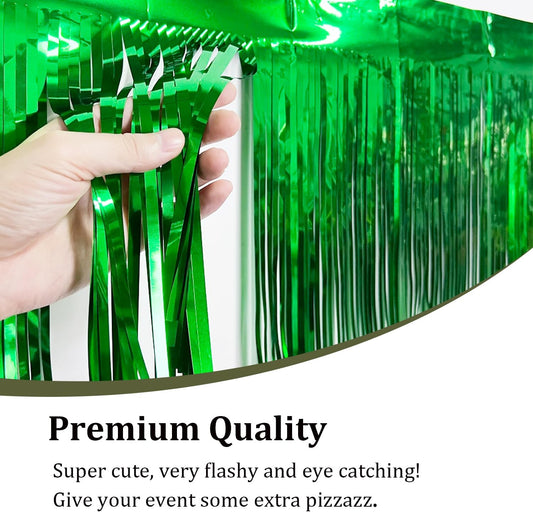 Set of 2 Metallic Foil Fringe Table Skirt 29x108 Inch Tinsel Disposable Skirting for Parade Floats Trailer, Mardi Gras Party, Birthday, Baby Shower, Wedding (Green)