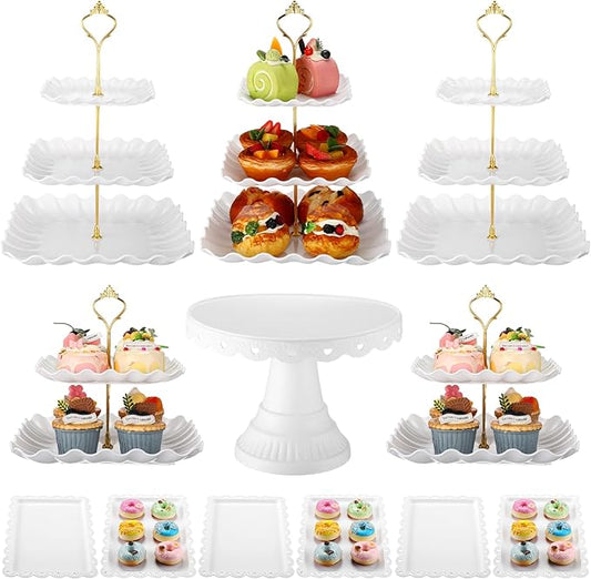 Willinglong 12 Pcs Dessert Cupcake Stand Holder, Cake Table Display Set Include 5 Cupcake Stand Tiered Tower 1 Cake Holder 6 Serving Tray Combo for Tea Party Birthday Baby Shower Wedding(White,Gold)