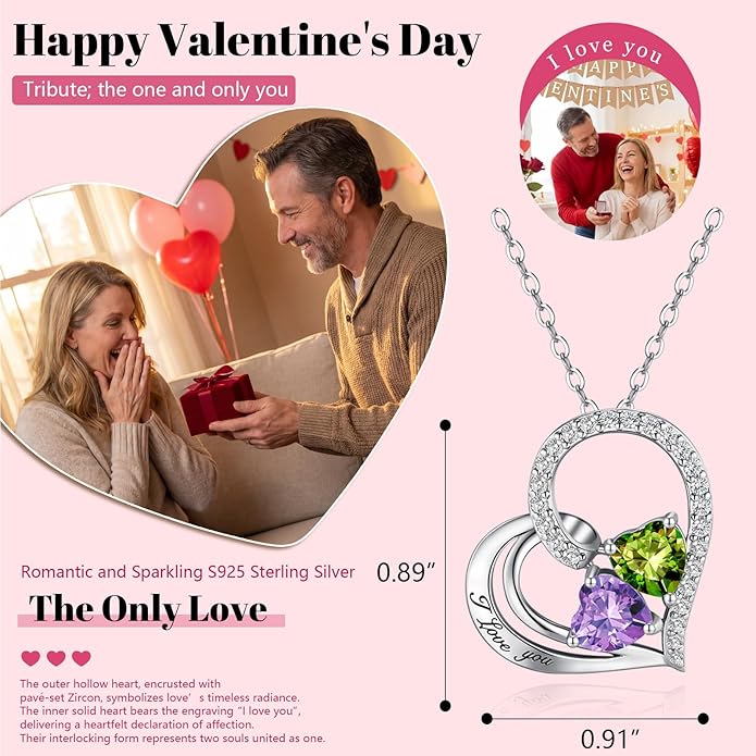 Double Birthstone Heart Necklace 0.8CT Dual-Gemstone S925 Sterling Silver Plated White Gold Engraved I Love You Perfect Anniversary/Valentine's Day Gift for Wife/Girlfriend/Mom/Daughter