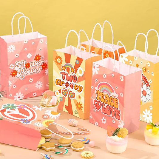 Glenmal 24 Pcs Hippie Party Goodie Bags Groovy Candy Bags Boho Party Supplies for Girls Birthday Baby Shower Decorations Daisy Flower Paper Treat with Handles Retro Themed Favors
