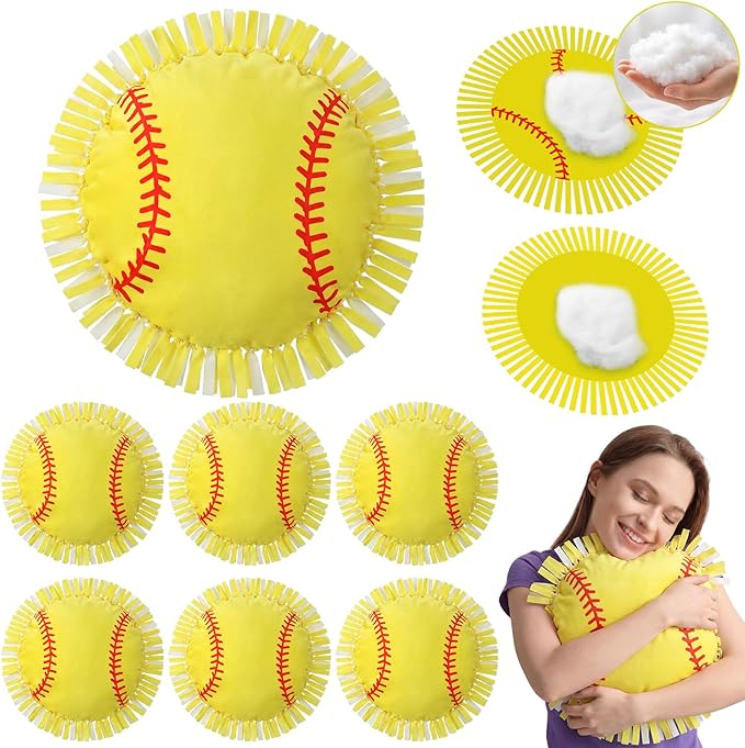 Mindsoft 6 Sets Fleece Tied Pillow Craft Kit Softball Theme DIY Pillow Making Set for Kids, No Sewing with Soft PP Cotton Stuffing for Softball Home Classroom Activity Gift for Sports Birthday Party