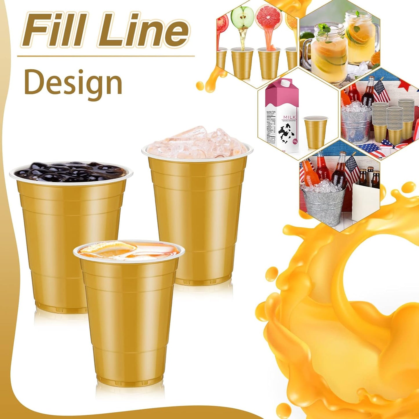 Lounsweer 100 Pack 16 Ounce Christmas Plastic Party Cups Disposable Heavy Duty Drinking Water Cups for Holiday Christmas Festival Wedding New Year Birthday Party Supplies(Gold)