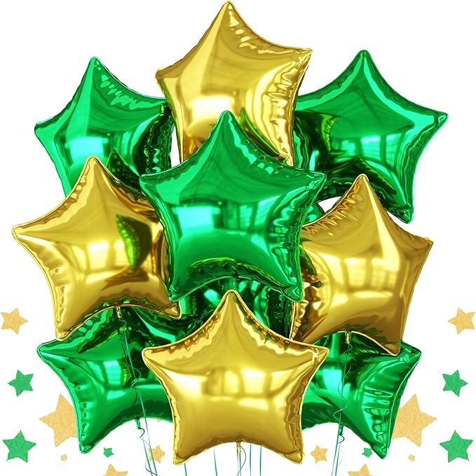 Green and Gold Star Foil Balloon, 10PCS Foil Stars Shape Balloons, 18 Inch Metallic Stars Balloons Helium Pentagram Balloon for Birthday, Graduation, Anniversary, Golf Tractor Jungle Party Decoration