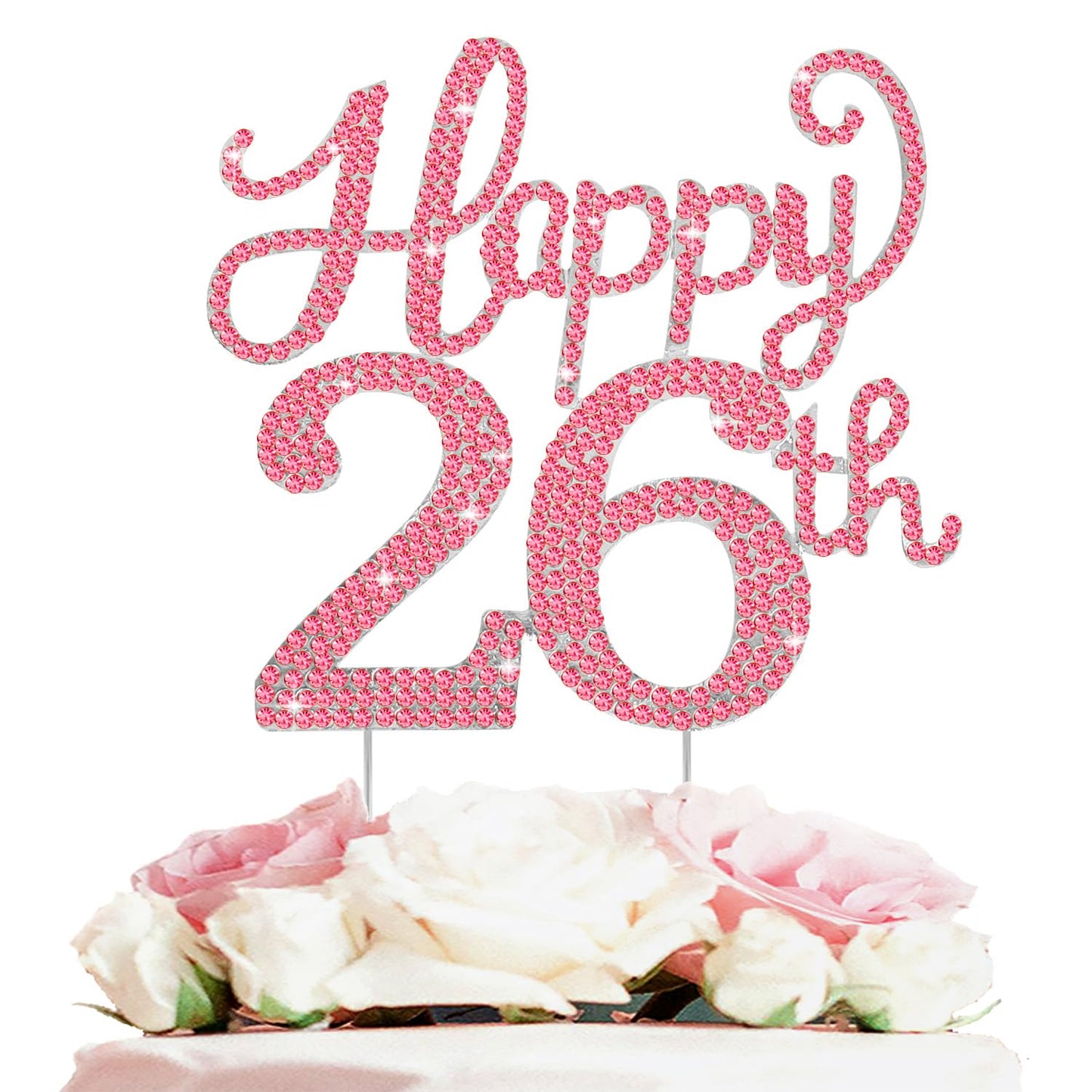 Happy 26th Birthday Decorations,26th Birthday Silver & Red Rhinestone Cake Topper - Cheers to 26 Years Old Bday Party Metal Sparkly Cake Centerpieces Sign.