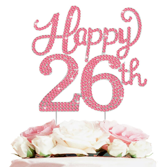 Happy 26th Birthday Decorations,26th Birthday Silver & Red Rhinestone Cake Topper - Cheers to 26 Years Old Bday Party Metal Sparkly Cake Centerpieces Sign.