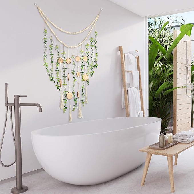 Jetec Hanging Eucalyptus Boho Wall Decor 36 x 36 Inch Boho Wall Hanging Wooden Bead Garland Artificial Greenery Leaves Stems Eucalyptus Garland for Bedroom Living Room Greenery Decoration