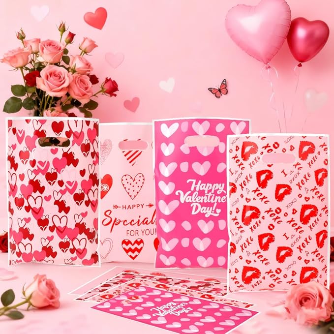 Valentines Treat Bags, 50 PCS Valentines Gift Bags with Handles, 7x10 Inch Plastic Happy Valentine's Day Goodie Cookie Candy Bag for Valentine's Day Wedding Anniversary Engagement Party Favor Supplies