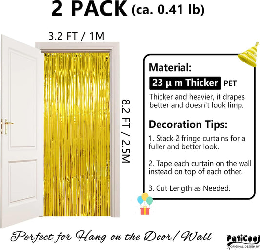 Gold Streamers Graduation Decorations - Thicken 2 Pack 3.2 x 8.2 FT - Golden Tinsel Foil Fringe Backdrop Curtains Party Backdrop for Birthday, Prom, Hollywood, Anniversary Party Decorations