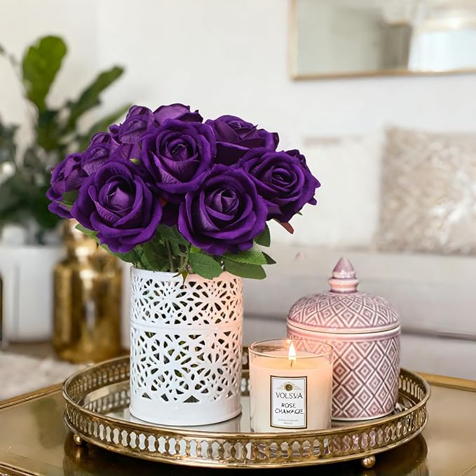 Artificial Roses Flowers, 12 Pcs Fake Purple Rose in Bulk, Long Stem Realistic Silk Roses Bouquet for Wedding, Party Centerpieces, Flower Arrangement, Home Decor (Purple, 12-PCS)