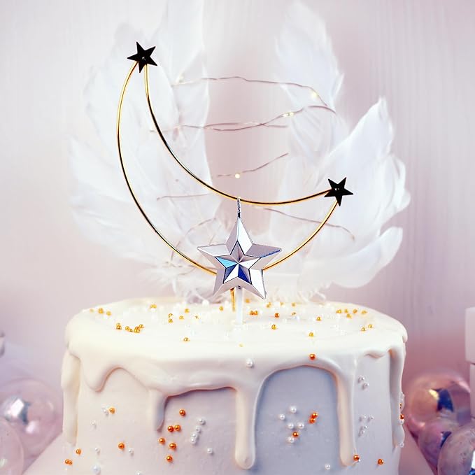 Saododku Birthday Candles, 5pcs Silver Birthday Candles for Cake, Star Shaped Sparkler Candles for Birthday Cake, Metallic Color Stereo Shaping Cake Candles Set