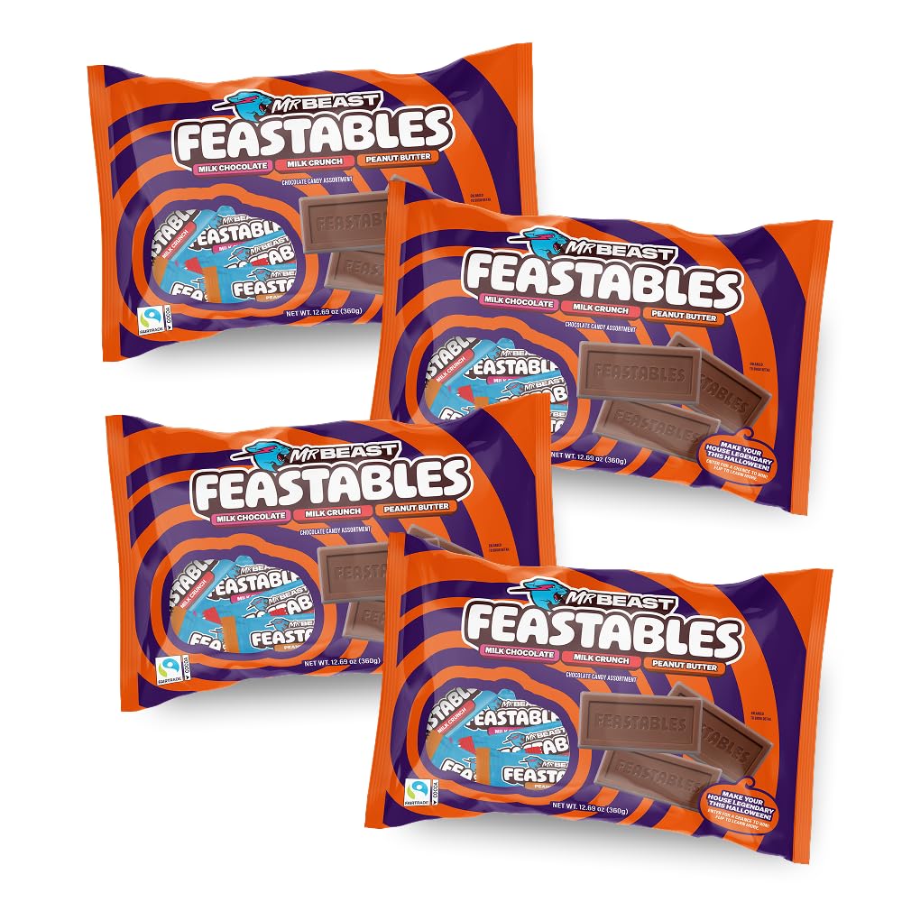 Feastables Mrbeast Halloween Candy Variety Pack With Milk Chocolate, Peanut Butter, & Milk Crunch Mini Bars, Trick or Treat Chocolate Bar Snacks or Party Favors, Fairtrade Cocoa, 12.69 Oz Bags, 4 Pack