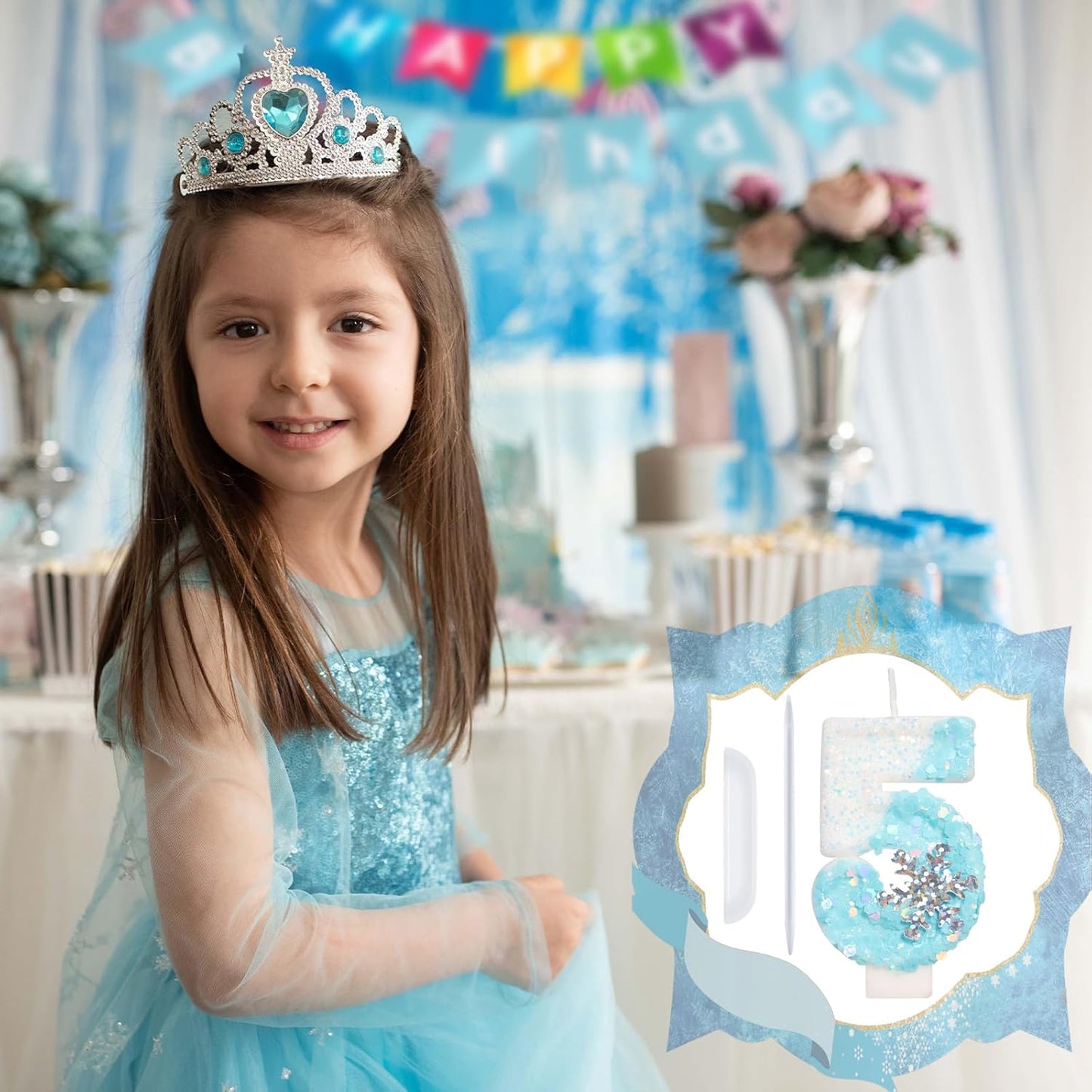 Sky Blue Frozen Themed Birthday Candles, Birthday Candles for Party Supplies, 2.76 inch Number 5 Candle Cake Topper Decoration (Number 5)