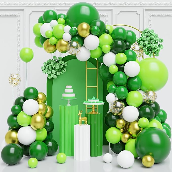 Light Green Balloons Arch Kit,130Pcs Dark Green and Gold Balloons,Different Sizes White and Gold Latex Balloon for Jungle Forest Themed Birthday St. Patrick's Day Party Decorations