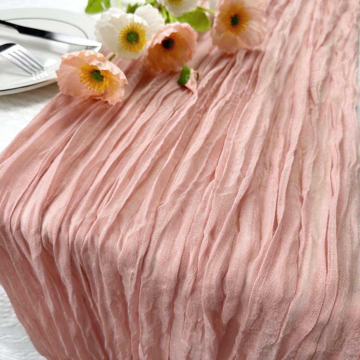 Booque Valley Dusty Pink Cheesecloth Table Runner 10ft Super Soft Boho Wrinkled Gauze Sheer Cloth for Baby Shower Baptism Birthday Party Wedding Centerpiece Table Decoration, 35x120 Inch