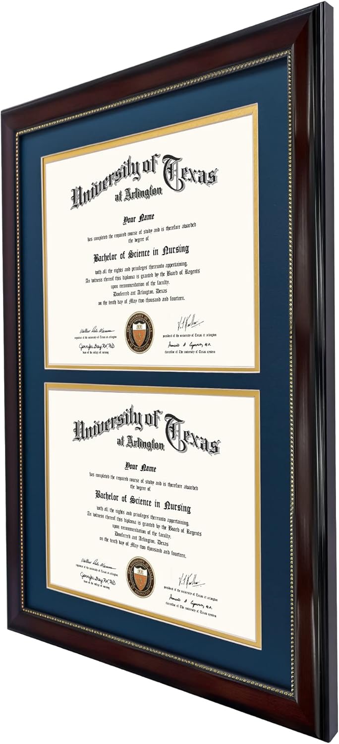 GraduationMall 14x20 Double Diploma Frame, Display 8.5x11 Certificate with Navy over Gold Mat,UV Protection Acrylic,Mahogany with Gold Beads