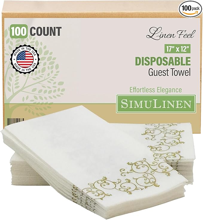 SimuLinen Gold Floral Disposable Linen Feel Bathroom Paper Towels - Soft, Cloth-Like, Single-Use, 12"x17" 100ct (Made in USA)