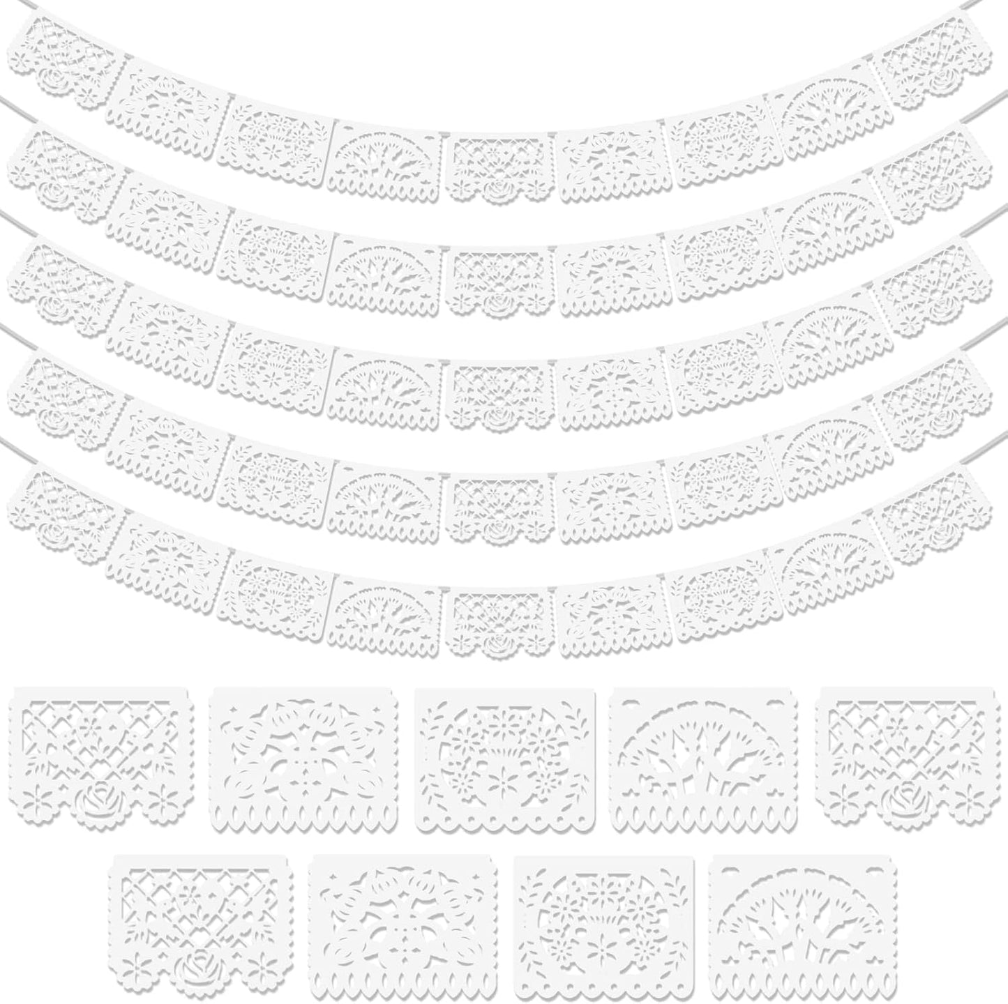 5 Pack White Papel Picado Banner, 90Ft White Mexican Banner for Parties Weddings, Papel Picado Dia De Los Muertos, Cinco De Mayo Decor, Day of The Dead Decorations, Fiesta Party Decoration Supplies