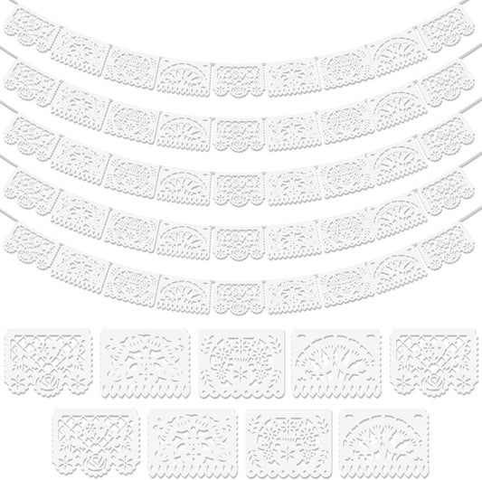 5 Pack White Papel Picado Banner, 90Ft White Mexican Banner for Parties Weddings, Papel Picado Dia De Los Muertos, Cinco De Mayo Decor, Day of The Dead Decorations, Fiesta Party Decoration Supplies
