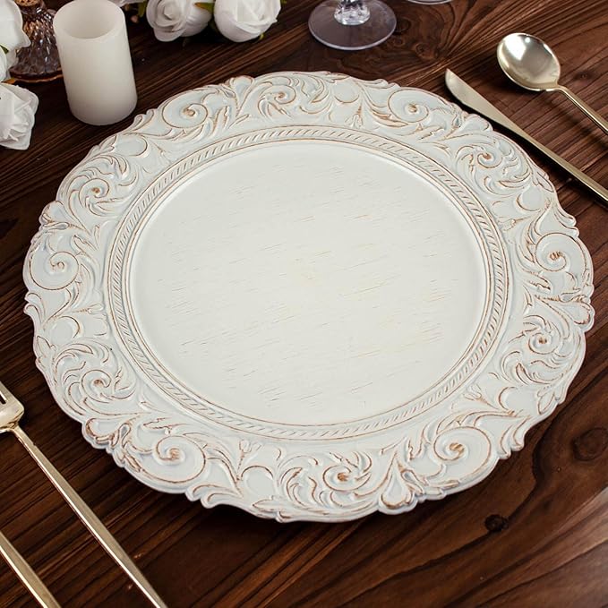 Efavormart 12-Pack Acrylic Charger Plates 14" Round Antique White Gold with Engraved Baroque Rim - Vintage Disposable Decorative Chargers