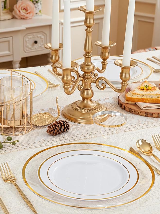 WDF 25Pack Gold Charger Plates - 12inch Clear Chargers with Gold Trim - Clear Plates Disposable for Wedding Baby Shower Spring Birthday