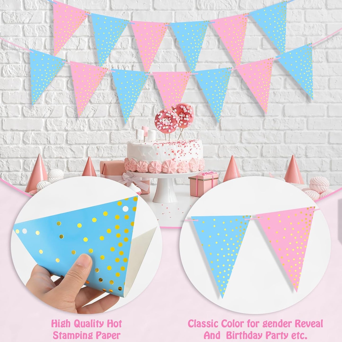 ASTARON 2 Pack Gender Reveal Bunting Blue & Pink Banner for Gender Reveal Party Supplies Baby Shower Decorations Boys Girls Birthday Party Decorations