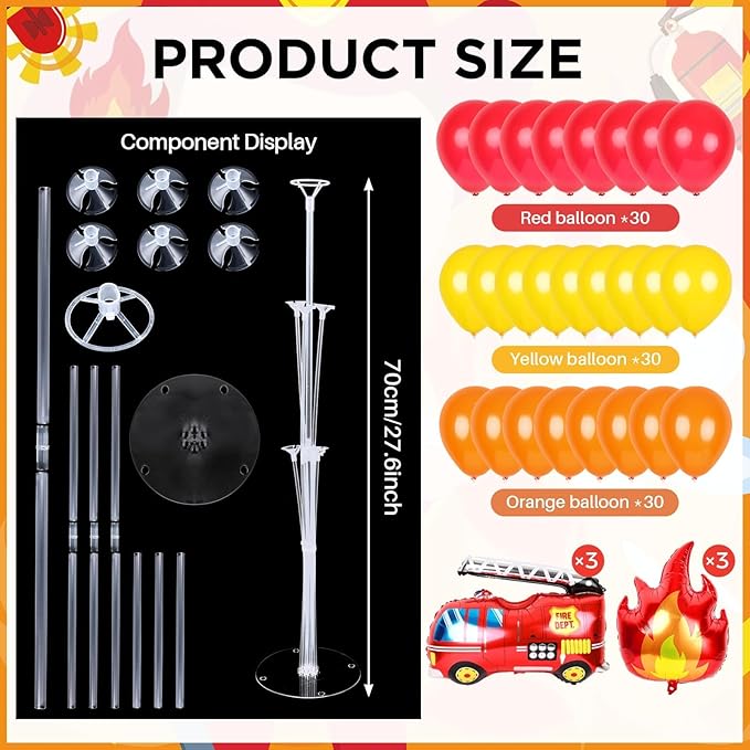 6 Sets Fire Fighting Party Balloon Stand Kit for Table Red Yellow Balloon Centerpiece Decor Fire Truck Party Balloon Stand Kit for Fireman Theme Birthday Supplies