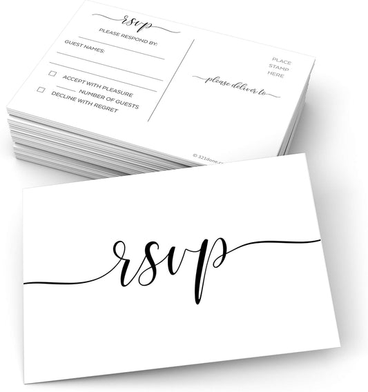 321Done RSVP Postcards (Set of 50) Small White, 3.5" x 5" - Blank with Mailing Side, Response Cards for Wedding, Bridal Shower, Baby Shower - Made in USA, Elegant Script White