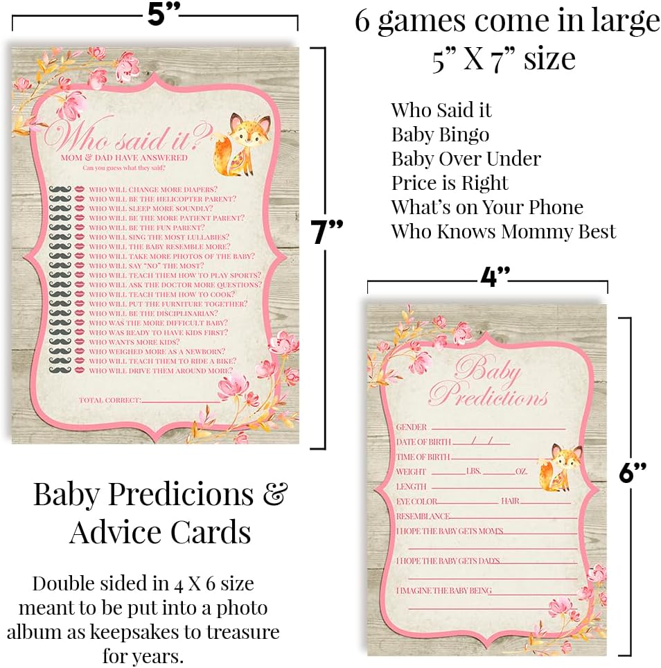 Baby Shower Games 8 Game Set Pink Watercolor Woodland Fox Girl 80 Double-Sided Cards for 20 Guests. Baby Shower Bingo, Baby Predictions & Activities for Guests. Theme for Girl