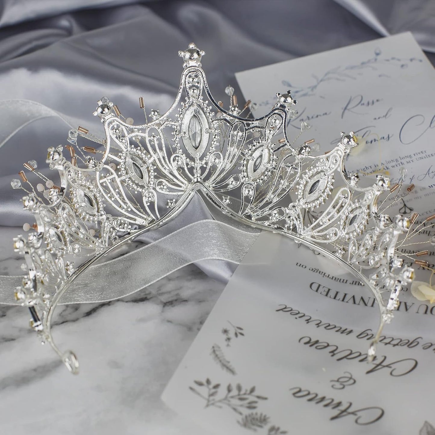 Yolmina Baroque Queen Crown, Sliver Wedding Crown and Tiara for Bride Handmade Princess Crystal Rhinestone Headband Tiaras for Women, Fairy Hair Accessories for Wedding Halloween Party Music Festival