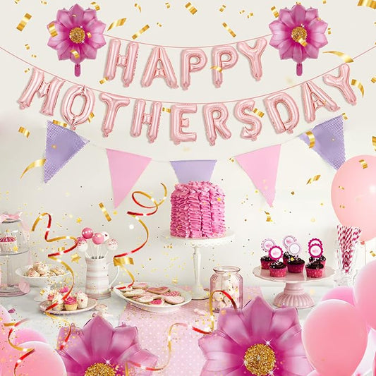 Mother’s Day Party Balloons Kit Decorations 16 inch Foil Balloon Set Happy Mother's Day Best Mom Balloon Set Heart Shape Set Decoration for Mother's Day Decoration (flower set)