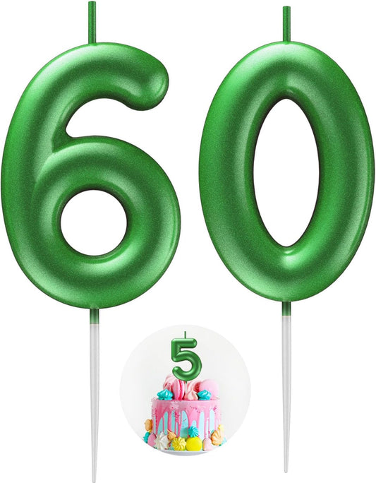 Green Number 60 Candle Happy Birthday 3D Number Candles for Birthday Cake Party Decoration Wedding Anniversary Celebration Supplies
