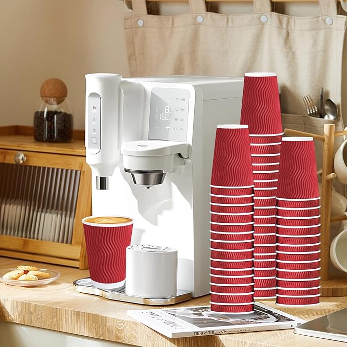 Lamosi 12 OZ Disposable Coffee Cups with Lids 50 Pack, Paper Insulated Corrugated Ripple Wall Cup for Hot Beverages (Red)