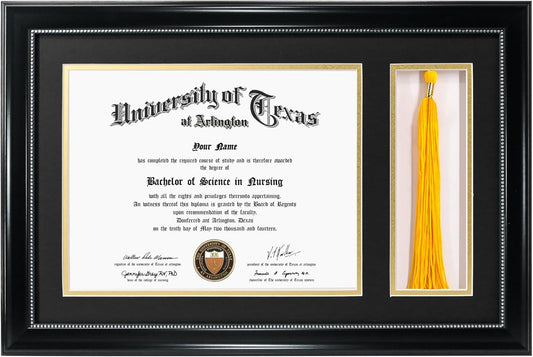 GraduationMall 11x17 Black Diploma Frame with Tassel Holder for 8.5x11 Certificate Document,Real Glass, Black over Gold Mat