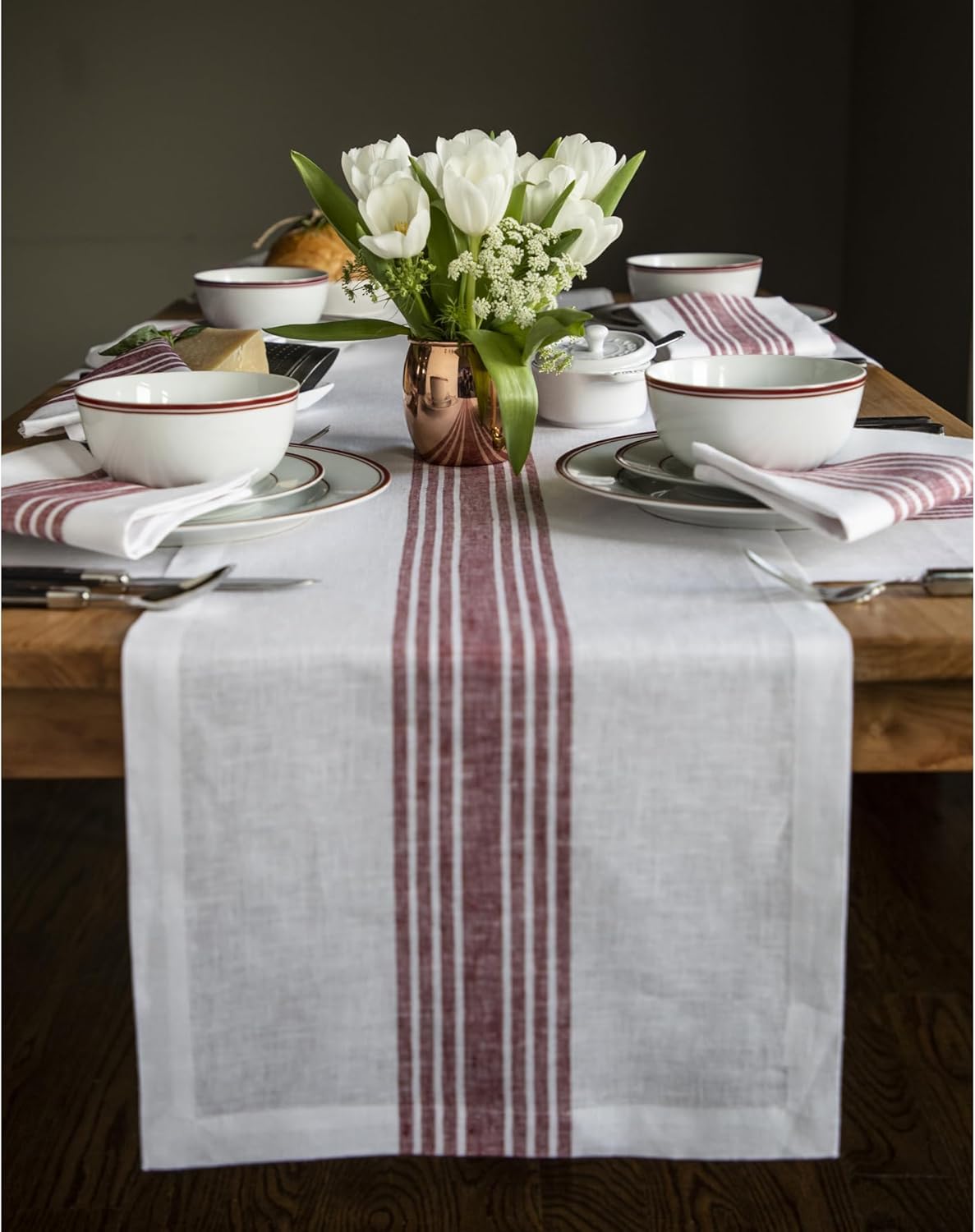 Solino Home Linen Table Runner 120 Inches Long - 100% Pure Linen Burgundy and White Farmhouse Table Runner 14 x 120 Inch for Dining, Fall, Autumn, Thanksgiving, Christmas