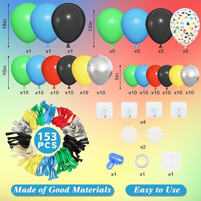Amandir 153pcs Red Blue Yellow Green Black Balloon Arch Garland Kit, Different Sizes 18 12 10 5inch Metallic Silver Star Confetti Colorful Balloons for Birthday Carnival Video Themed Party Decorations
