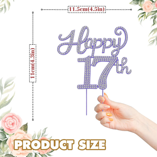Happy 17th Birthday Purple Rhinestone Cake Topper - 17th Birthday/Anniversary,Cheers to Seventeen Years Old Bday Party Metal Sparkly Centerpieces Decorations.