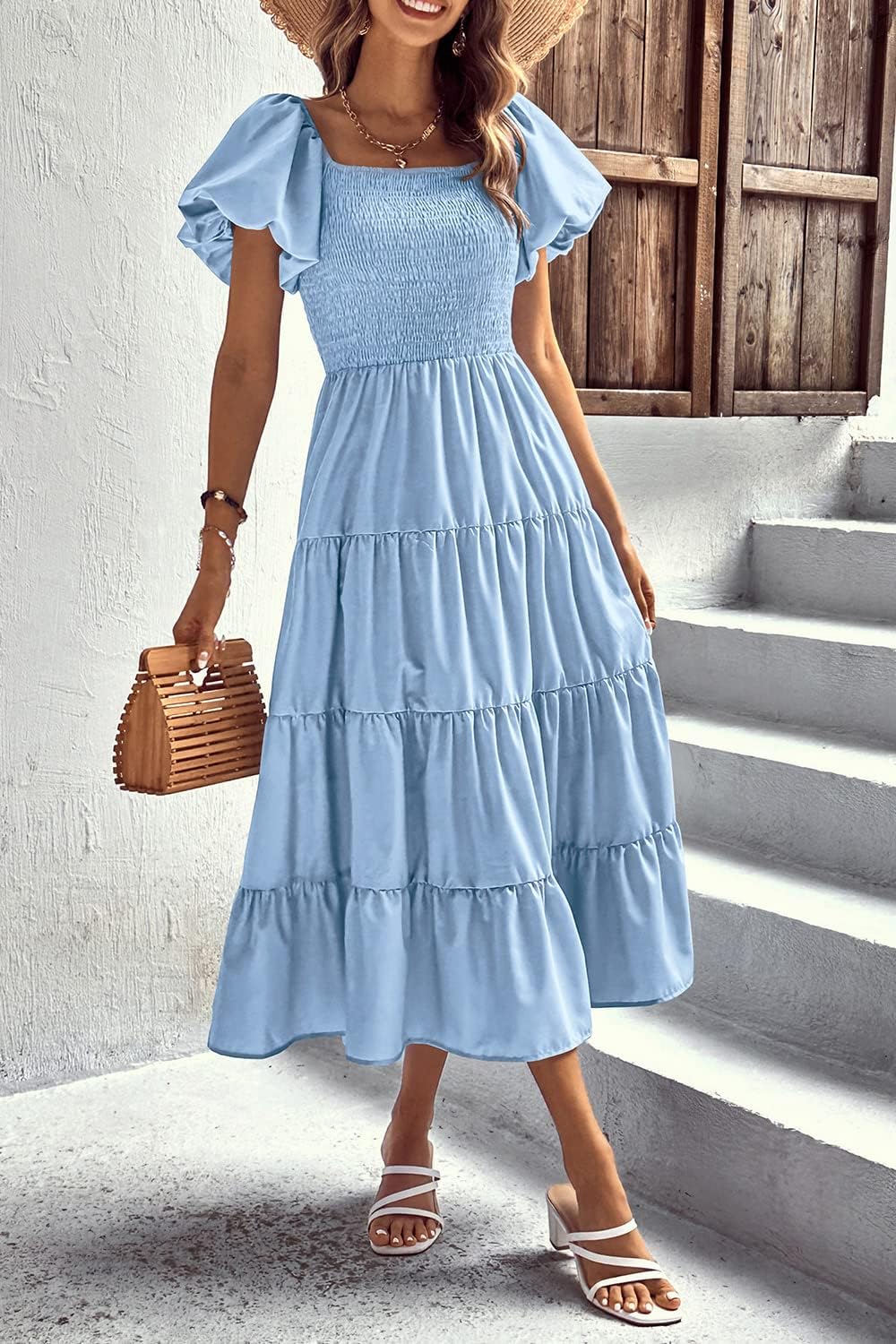 PRETTYGARDEN Women's Casual Summer Midi Dress Puffy Short Sleeve Square Neck Smocked Tiered Ruffle Dresses