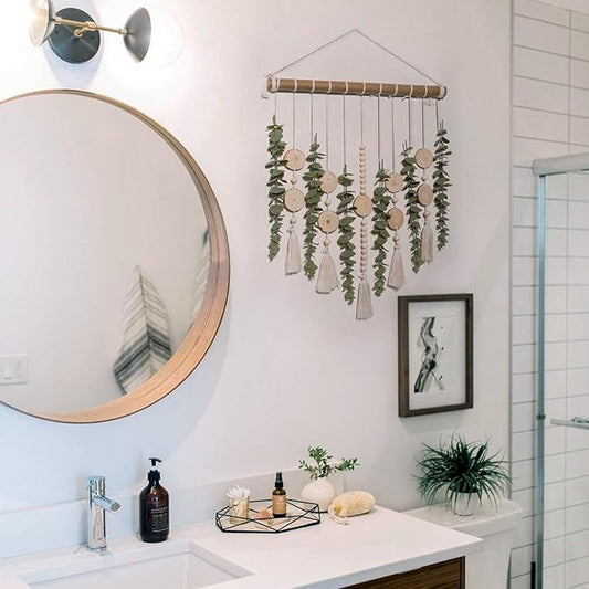 Artificial Eucalyptus Wall Hanging Decor Fake Plant Greenery Leaves Chip Strands Beads Garland on 16.5 inch Stick Boho Rustic Farmhouse Nature Bathroom Bedroom Living Room Decorations